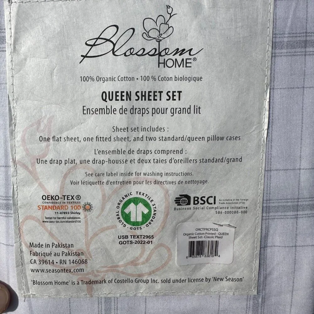 BLOSSOM HOME‎ Organic Cotton Sheet Set Queen Grey Classic Plaid